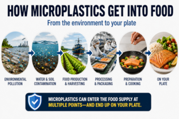 How microplastics get into food through water, soil, food production, processing and preparation