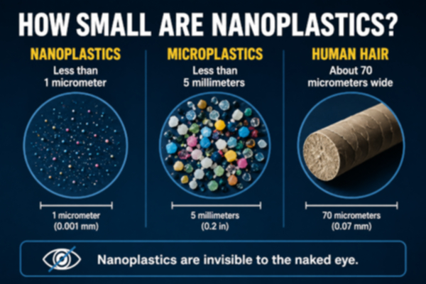 Nanoplastics: The Invisible Plastic Particles That Can Enter the Human Body 2 Nanoplastics size comparison with microplastics and human hair