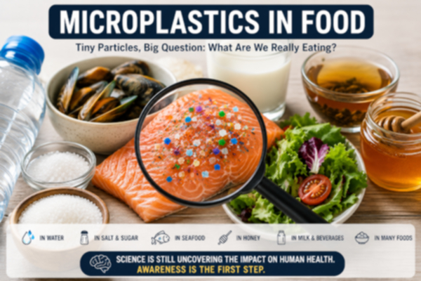 Microplastics in food including seafood, water, salt, sugar, honey and beverages